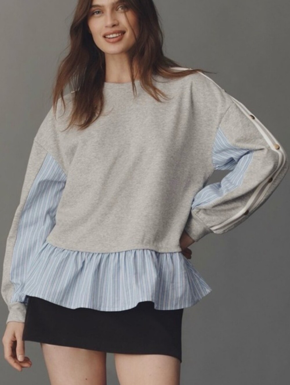 Anthropologie Maeve Twofer Peplum Sweatshirt Mixed Media Layered Striped Size S